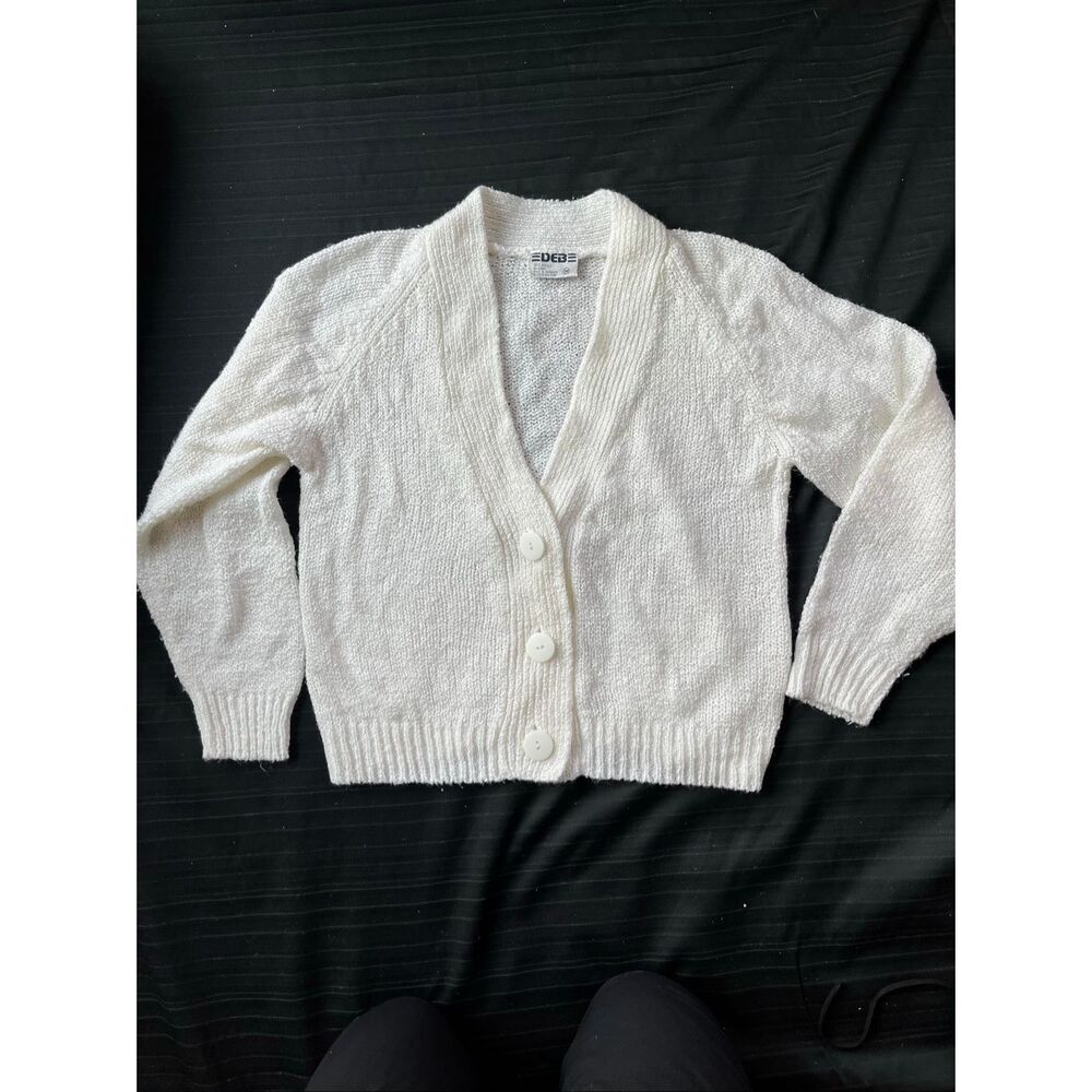 VTG DEB White Textured Knit Cardigan Button Front Soft Cozy Crop M